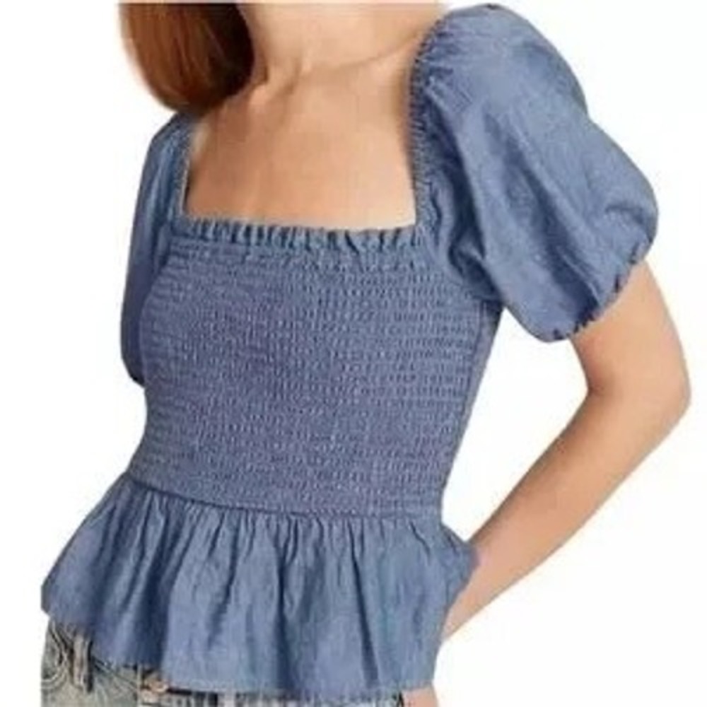 J. Crew Squareneck Smocked Women's Chambray Top Size Medium Peplum Cotton